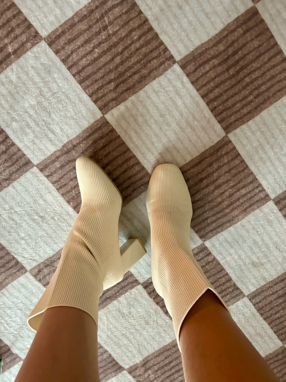 Cream Knit Ankle Sock Boots with Block Heel